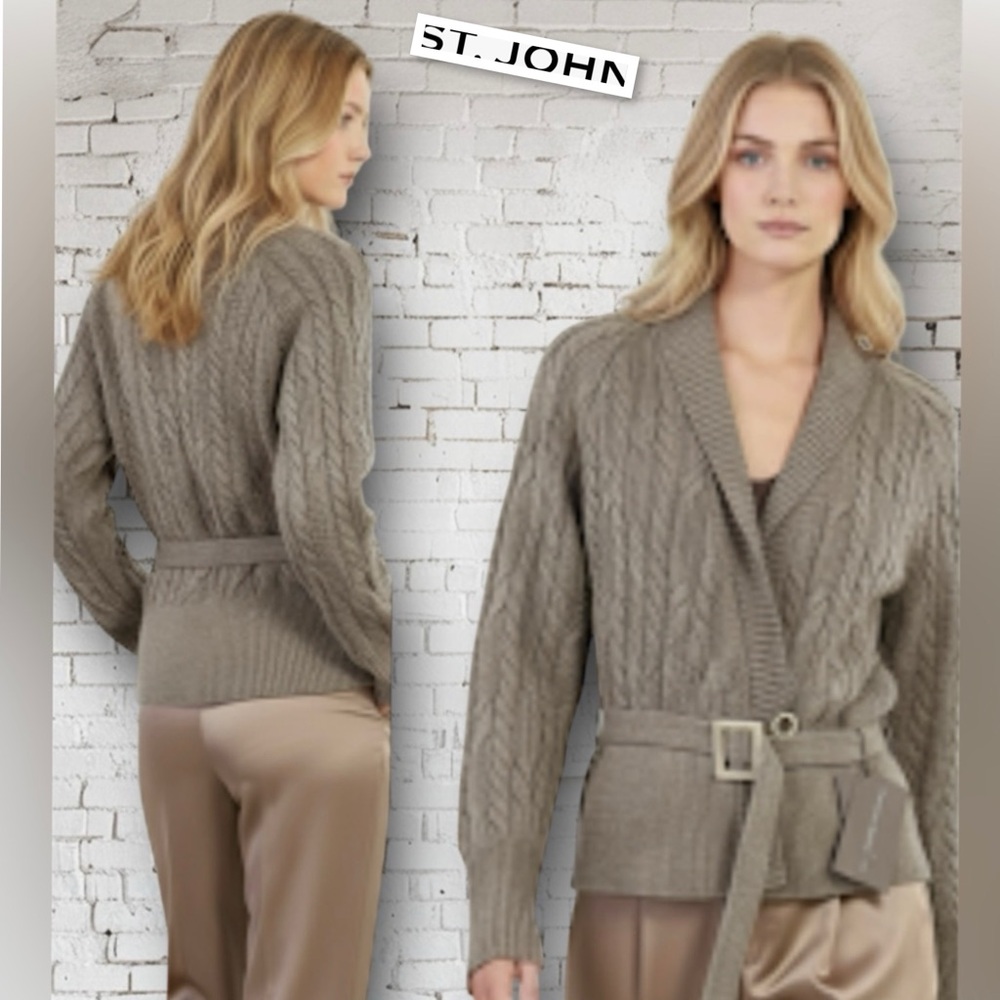 St. John Sport Cable Knit Belted Cardigan Sweater Oregano Taupe Size M